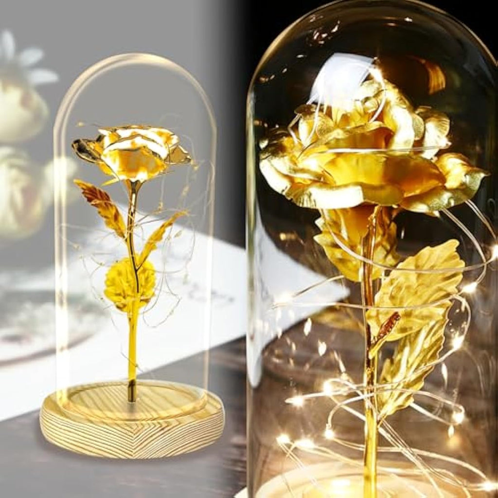 TINYOUTH 24K Gold Plated Rose in Glass Dome | LED Light Up Flower Gift