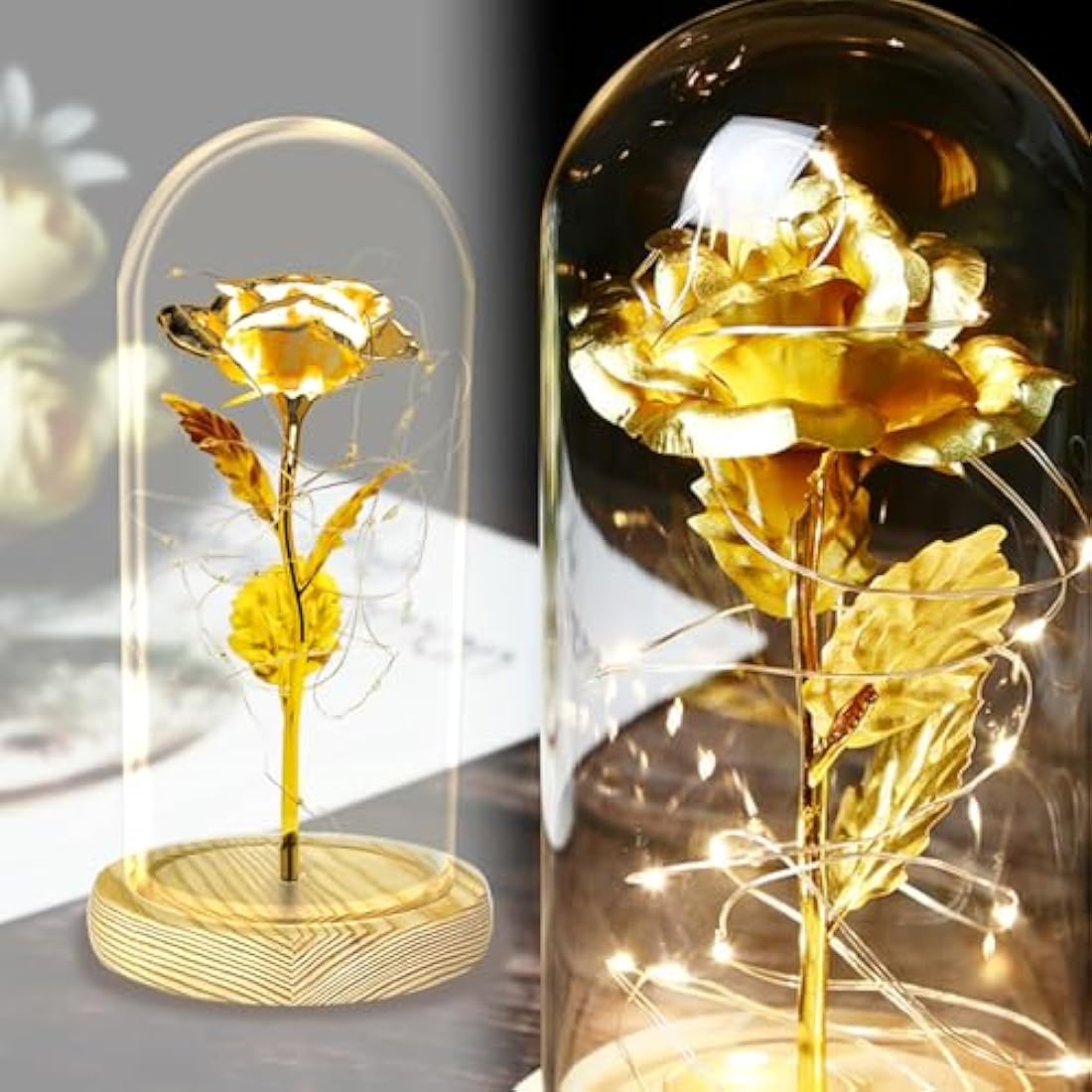 TINYOUTH 24K Gold Plated Rose in Glass Dome | LED Light Up Flower Gift