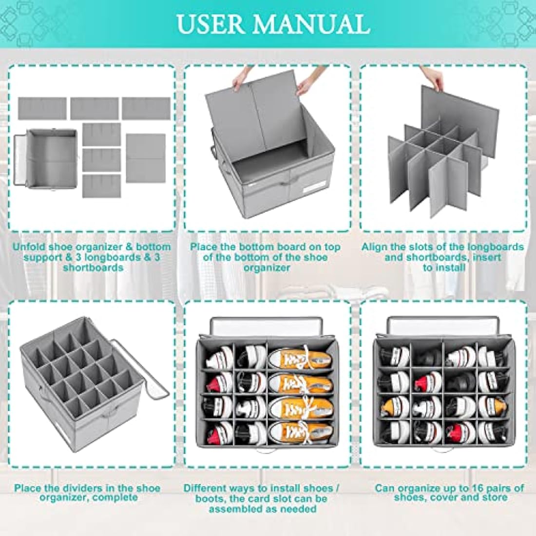 LUVHOMEE Shoe Organiser for Closet | 16 Pair Foldable Storage Bin – Grey