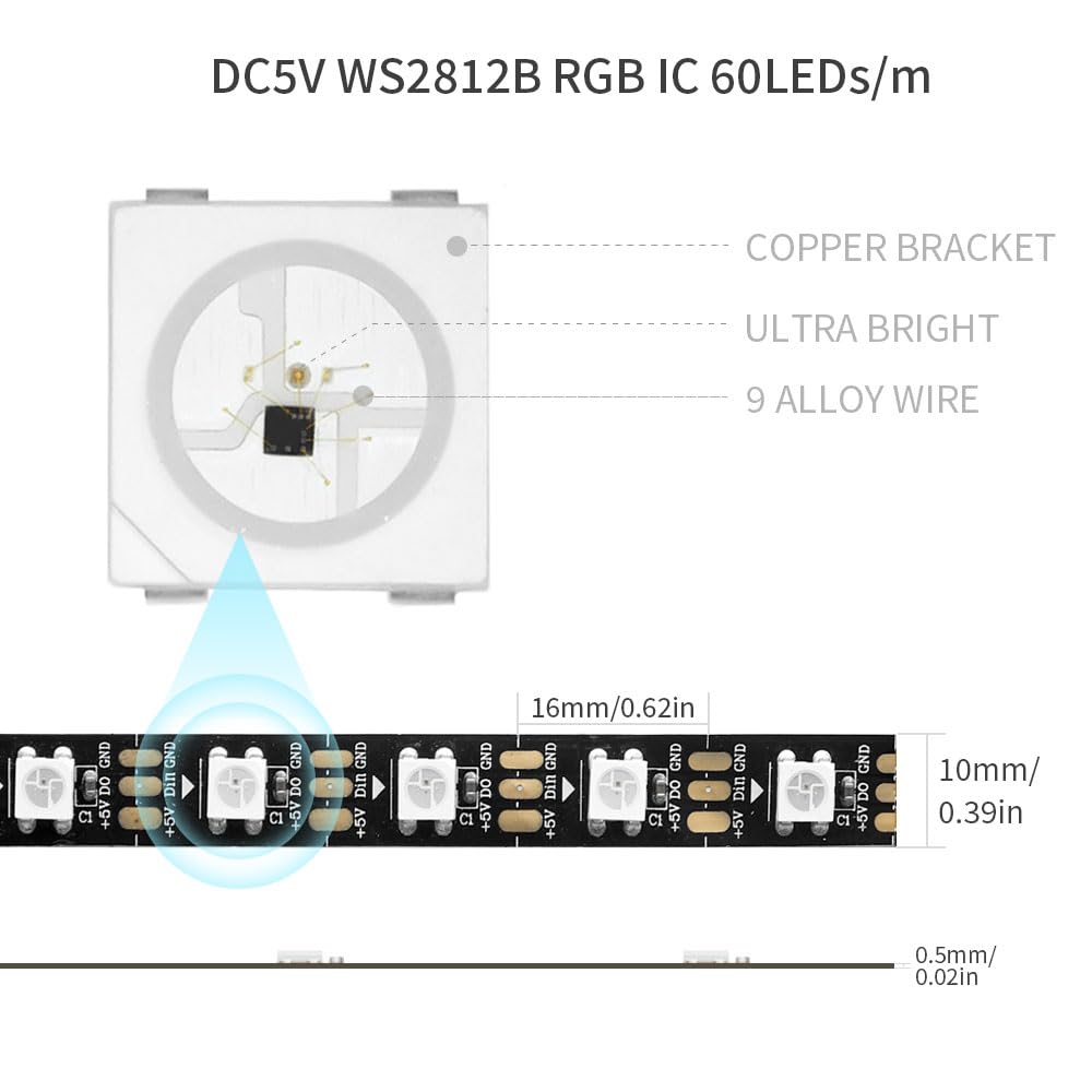 LOAMLIN WS2812B RGB LED Strip – 16.4FT 5050SMD 60Pixels/m IP65 Black PCB