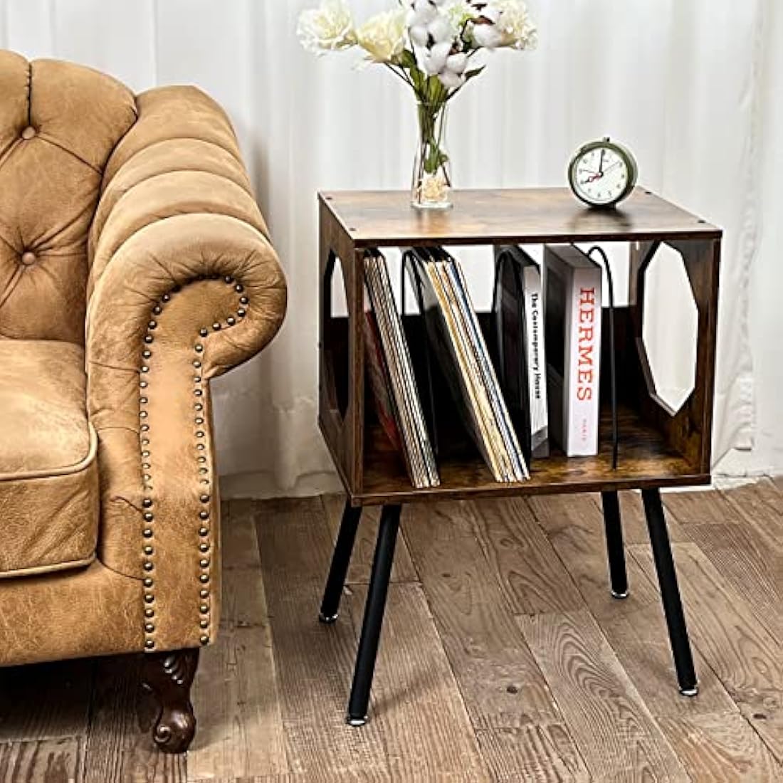 ikkle Rustic Record Player Stand – Wood Vinyl Storage Cabinet with Metal Legs