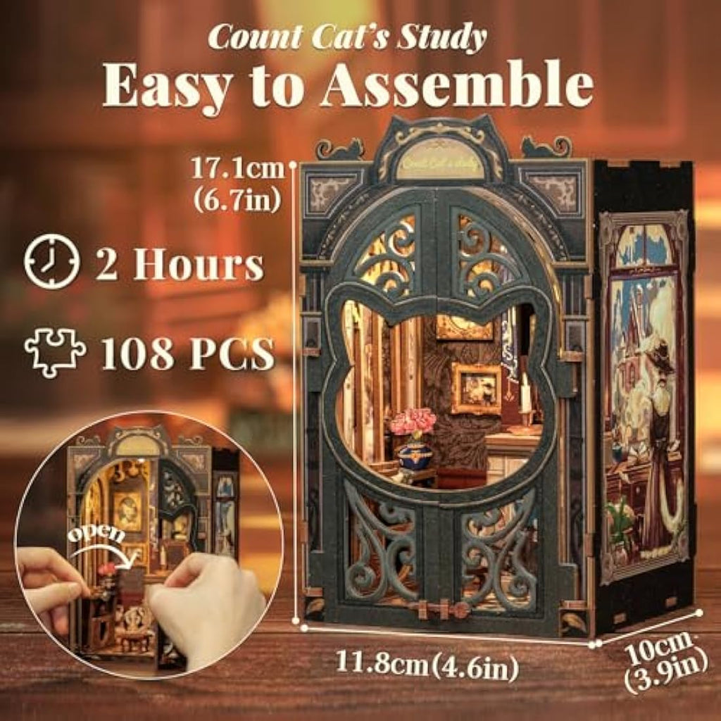 Fsolis Book Nook Kit - Count Cat's Study 3D Wooden Puzzle Miniature House