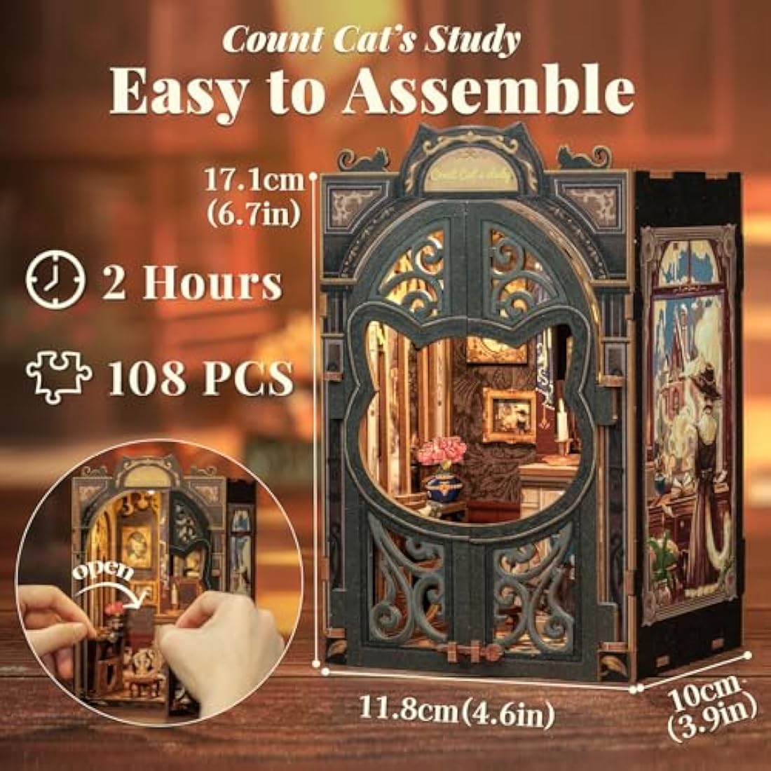 Fsolis Book Nook Kit - Count Cat's Study 3D Wooden Puzzle Miniature House