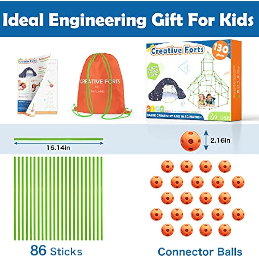 Kids Fort Building Kit – 130 Piece STEM Construction Toy Set