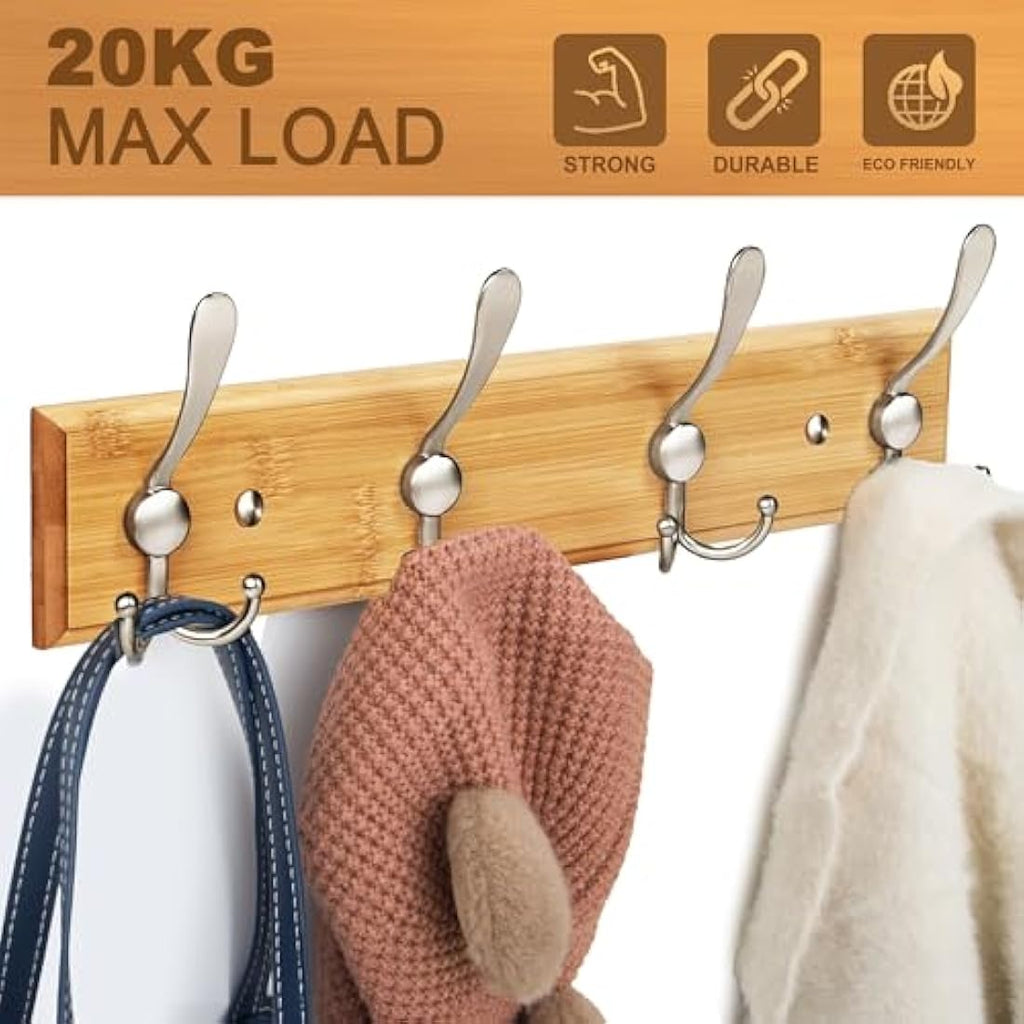 GlazieVault Bamboo Wall Coat Rack – 2 Pack Heavy Duty Matt Nickel Hooks