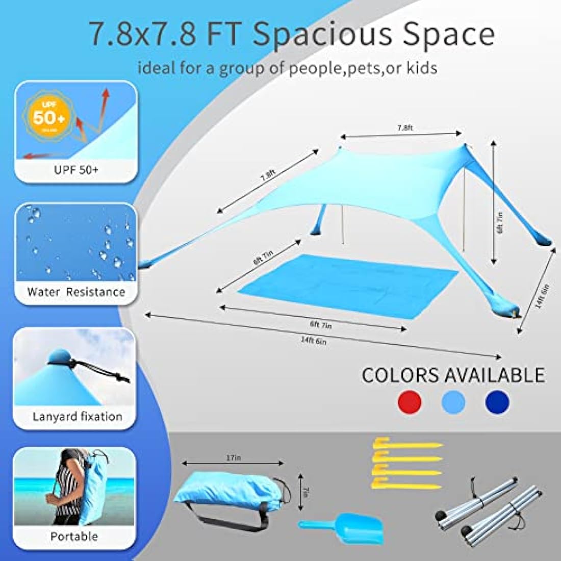 CUUPO 7x7 FT Beach Tent Sun Shelter | UPF 50+ Lycra Canopy with 2 Poles