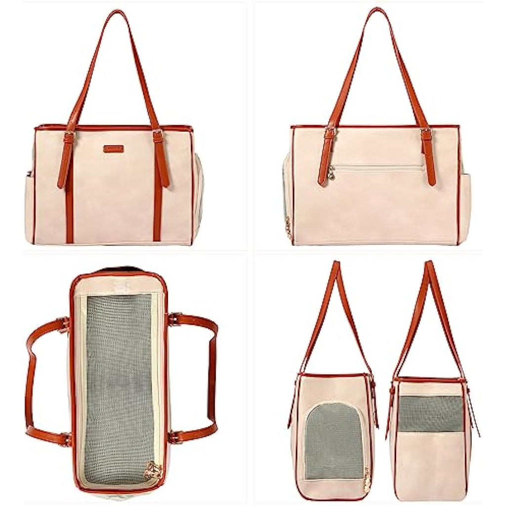 Lasaviin Vegan Leather Dog Purse | Airline Approved Pet Carrier - Beige