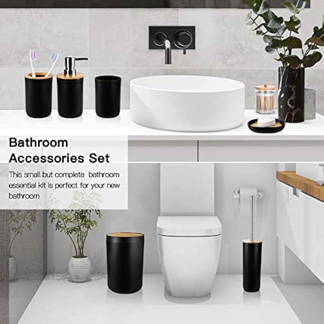 Jotom 7-Piece Bamboo and Plastic Bathroom Accessory Set - Black
