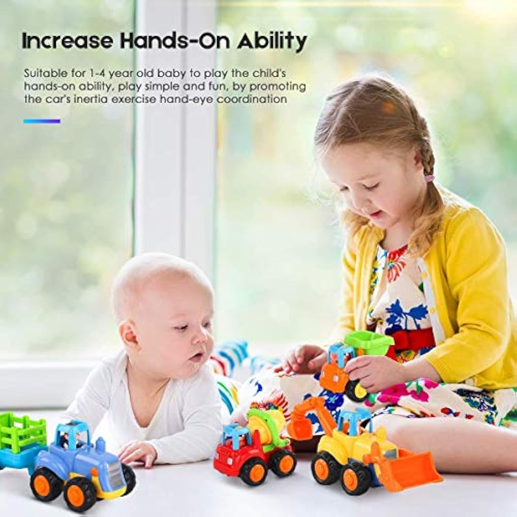 MOONTOY Push and Go Friction Powered Construction Toy Cars - 4 Pack