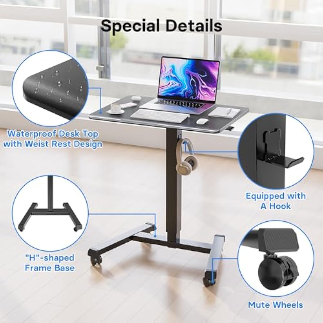 BONTEC Mobile Standing Desk | Height Adjustable 65x45cm Portable Table