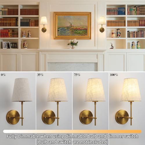 QAREHL Brass Wall Lights Set of 2 | Modern Indoor Sconces with Fabric Shade