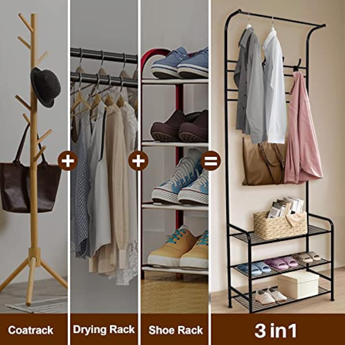 Innotic 3-Tier Shoe and Coat Rack Stand | 16 Hooks Matte Steel Organizer