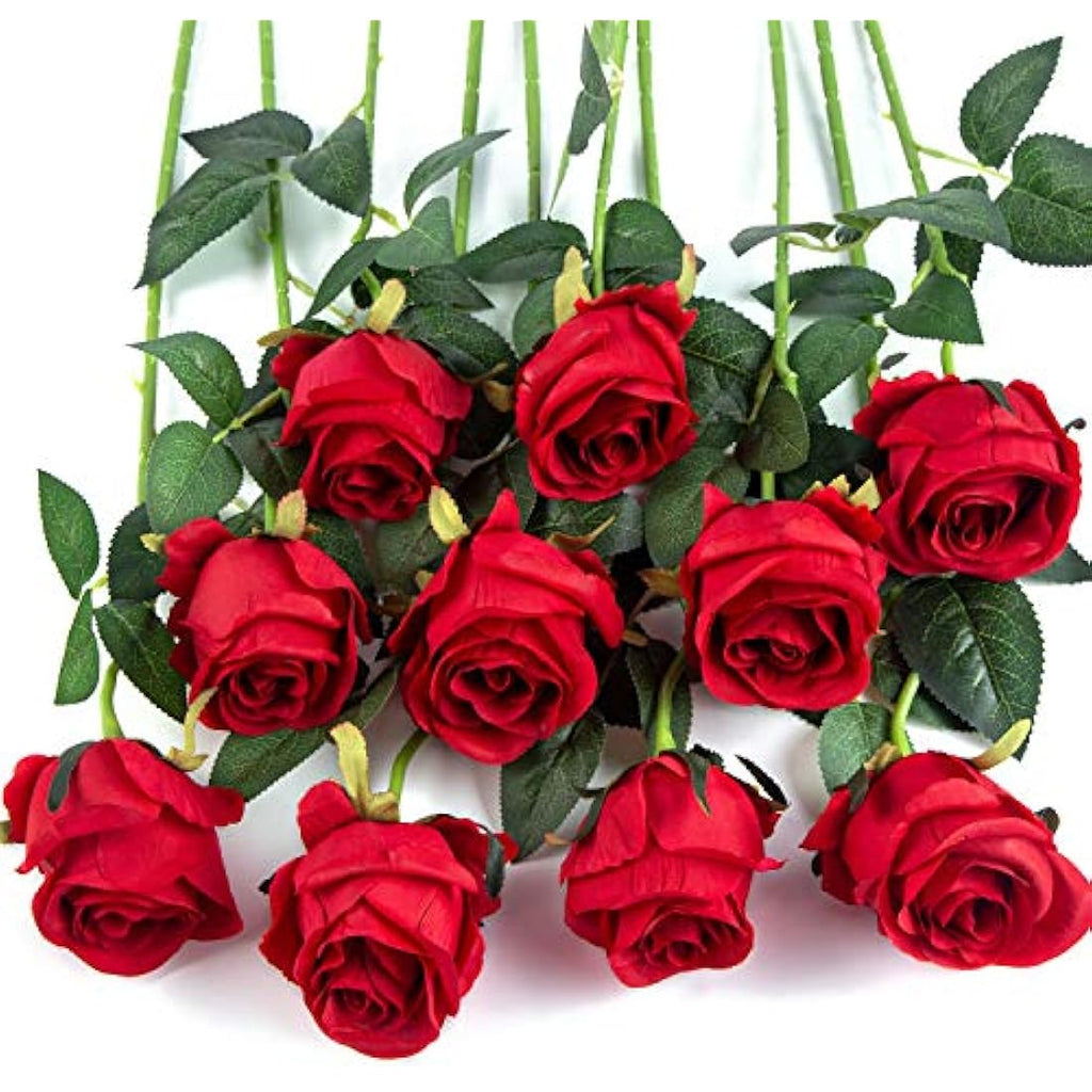 10pcs Artificial Silk Roses – Long Stem Red Wedding Flowers