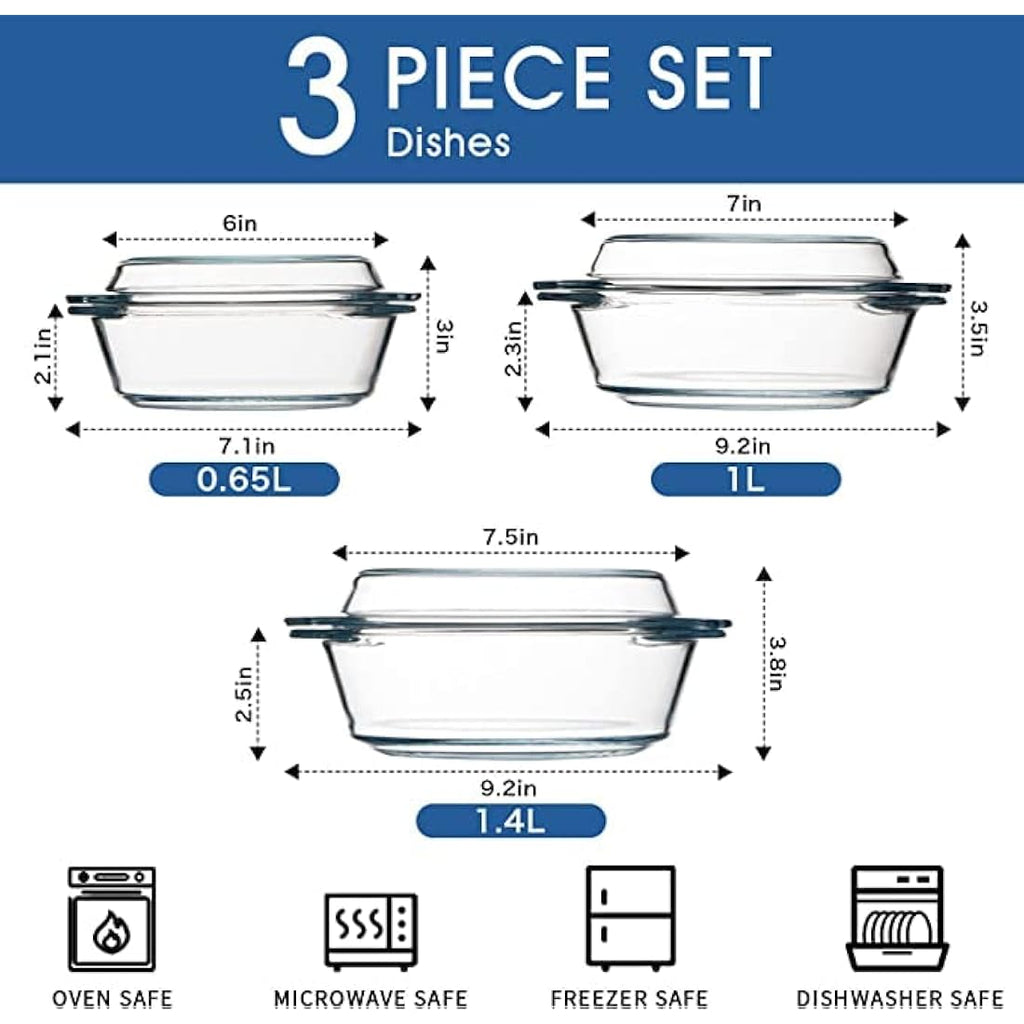 Jolof Store Tempered Glass Casserole Dish Set with Lids – 3 Piece Set