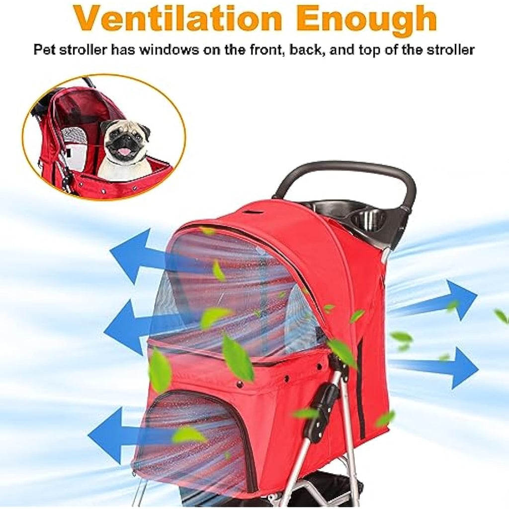 Display4top 4-Wheel Pet Travel Stroller - Foldable Dog & Cat Buggy, Red