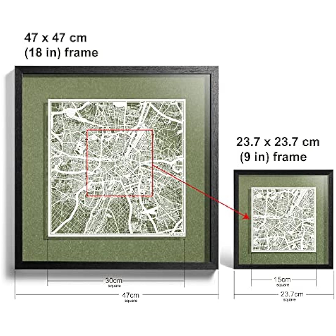 Jolof Store Munich Paper Map Art Frame - 9x9 White Map Black Frame