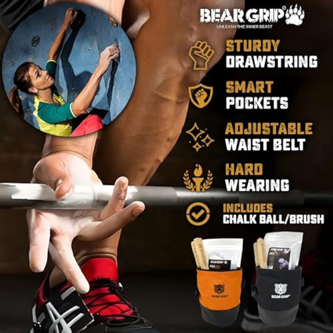 BEAR GRIP Rock Climbing Chalk Bag Bundle with Waist Belt and Brush