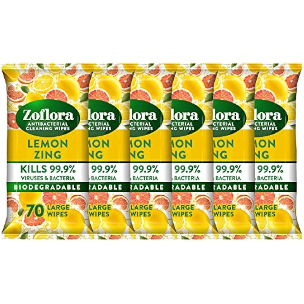Zoflora Lemon Zing Biodegradable Antibacterial Wipes | 6 x 70 Pack