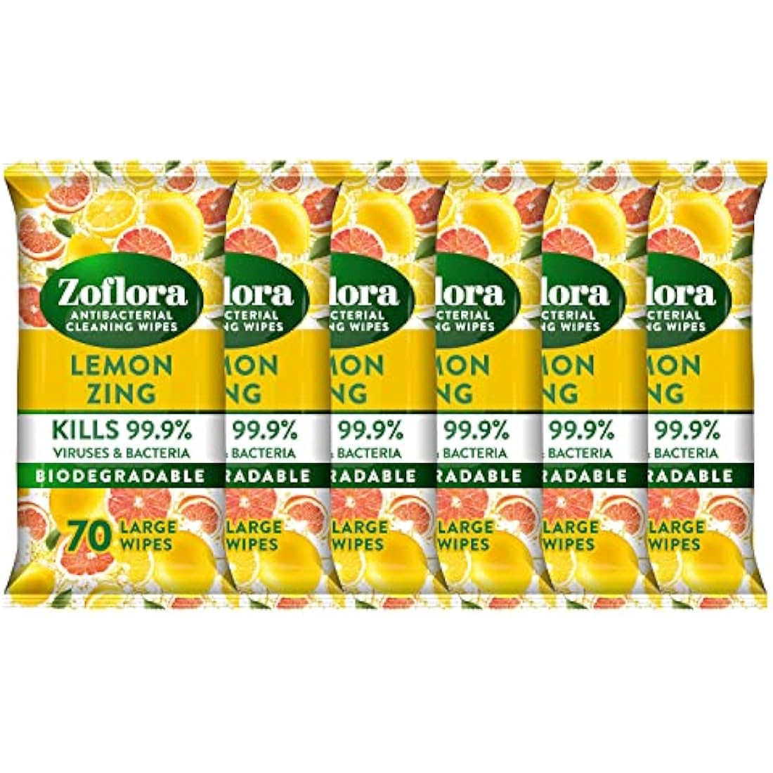 Zoflora Lemon Zing Biodegradable Antibacterial Wipes | 6 x 70 Pack