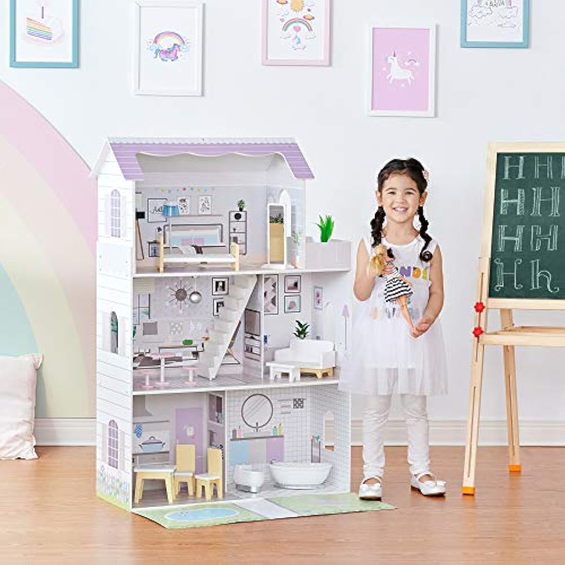Olivia's Little World 3-Story Wooden Doll House with 16 Accessories