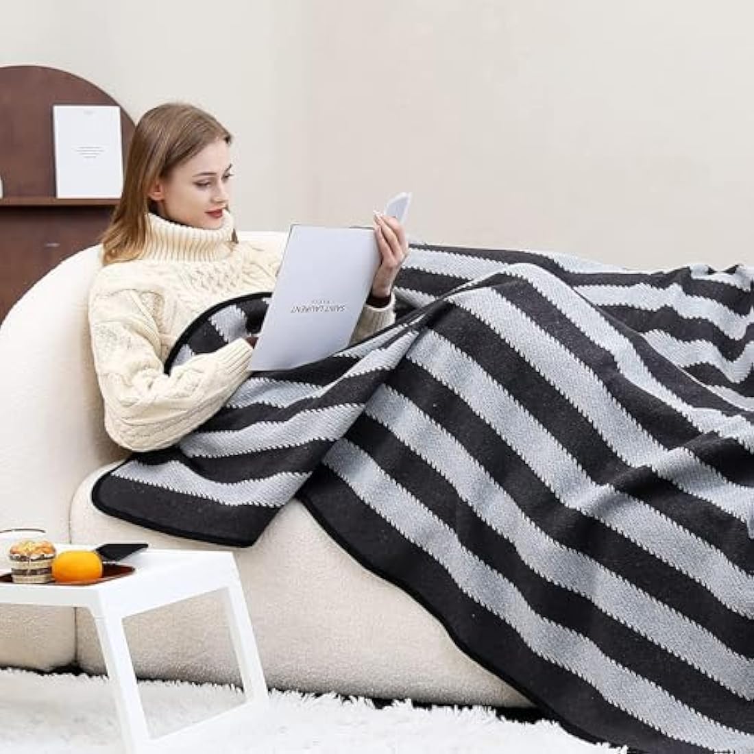 ACUSHLA Merino Wool Blanket – Large Washable Outdoor Throw, Grey Stripe