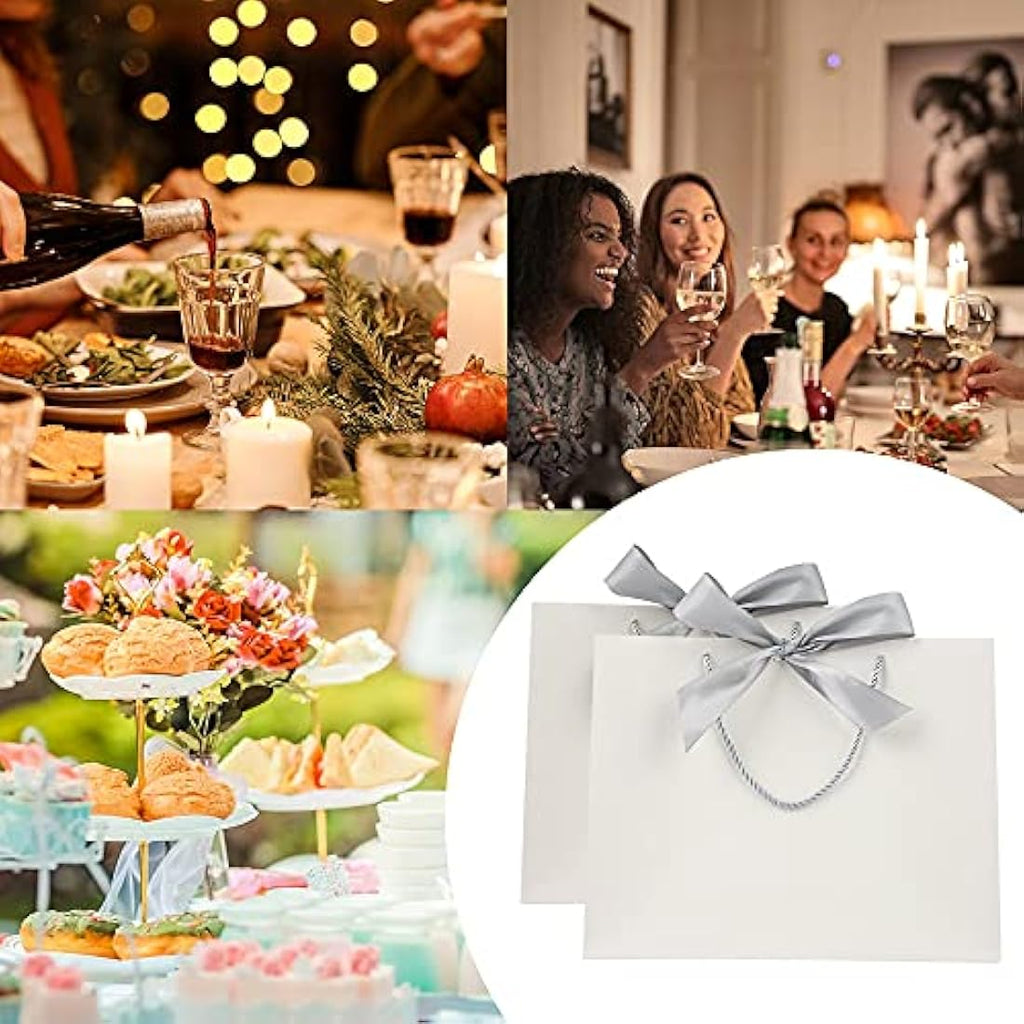 White Paper Gift Bags with Silver Bow Ribbon - 8 Pack