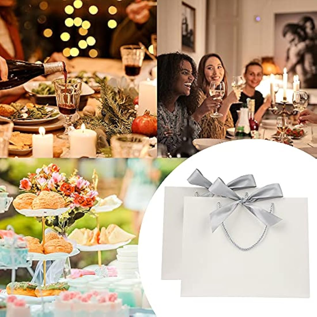 White Paper Gift Bags with Silver Bow Ribbon - 8 Pack