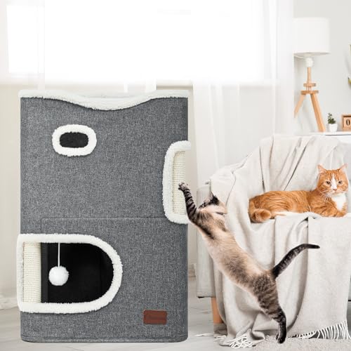YITAHOME 3-Level Cat House Condo with Scratching Post & Hammock – Grey