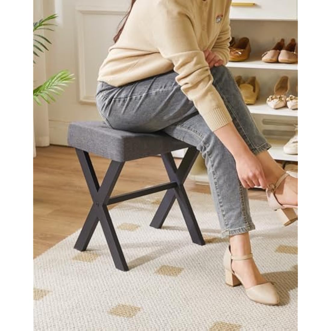 IBUYKE U-Shaped Linen Vanity Stool – Dark Gray Square Makeup Ottoman