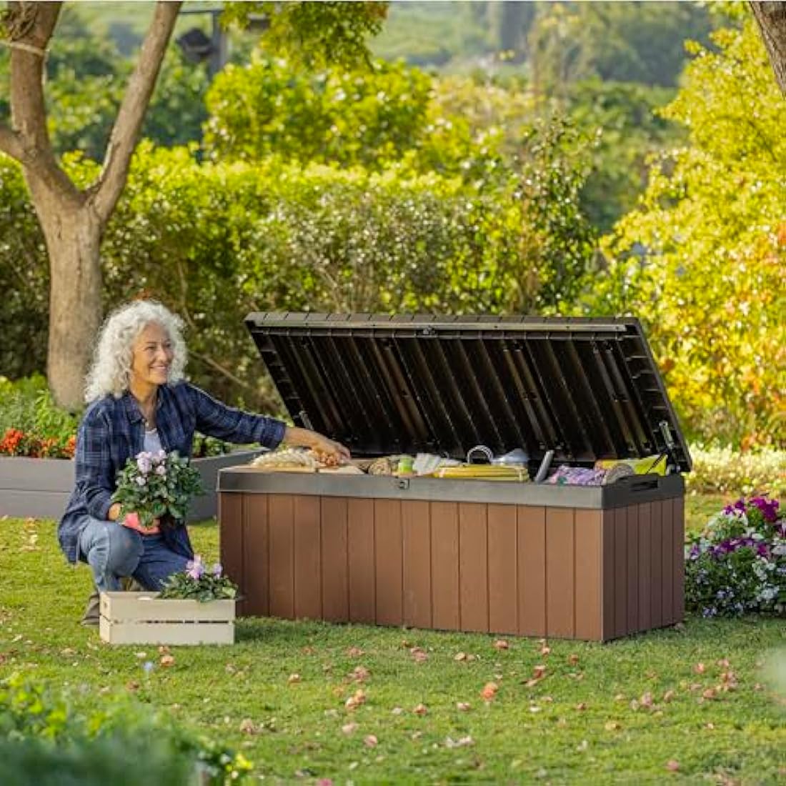 Keter Darwin 380L Outdoor Garden Storage Box – Brown Wood Look