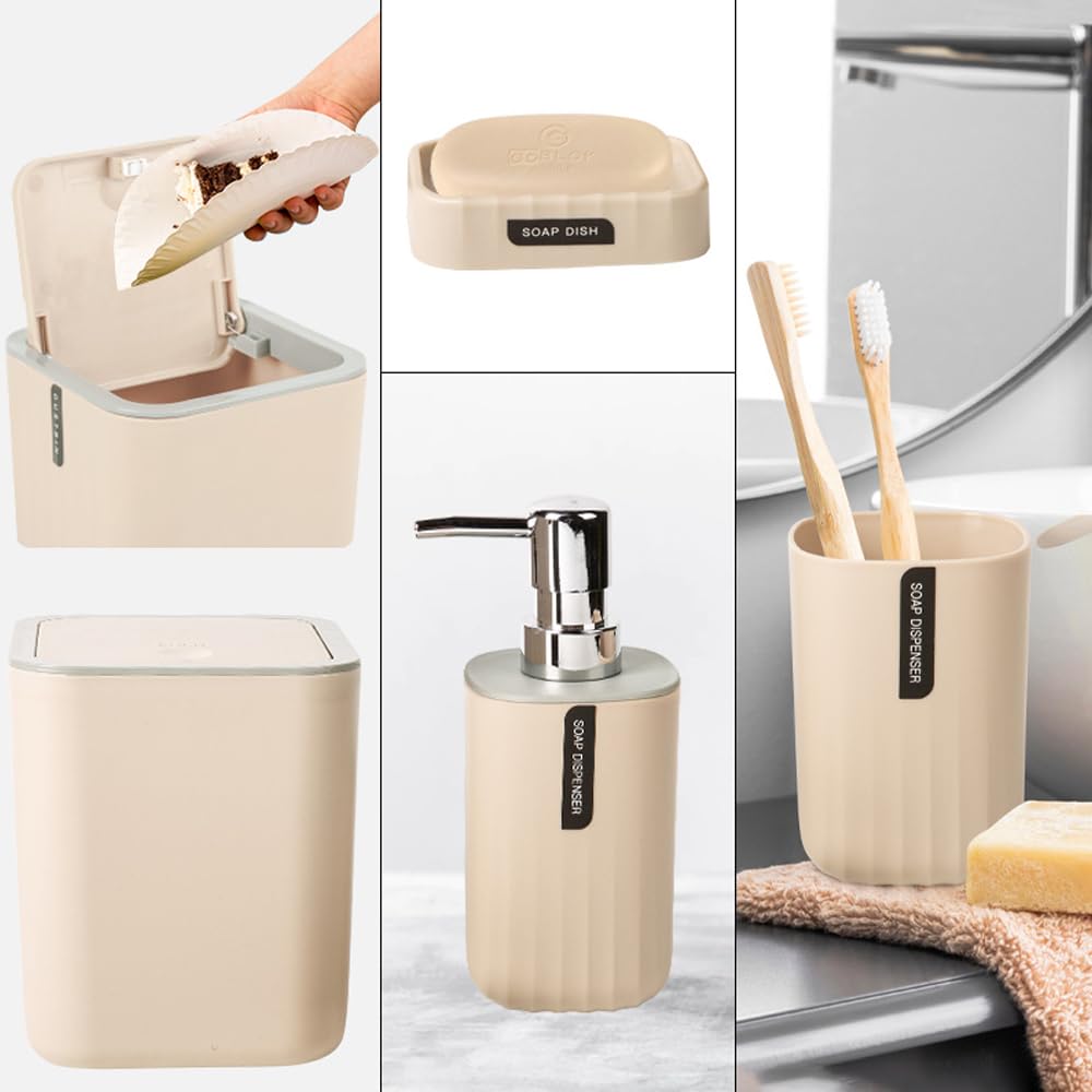 Hosoncovy 4 PCS Bathroom Accessory Set Bathroom Container Set with Soap Dispenser, Bathroom Cup, Soap Dish ，Desktop Trash Can Yellow - image 3