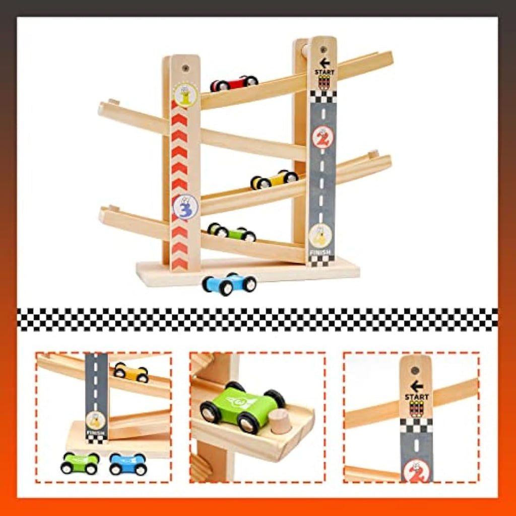 Wooden Car Ramp Toy – Toddler Race Track with 4 Cars