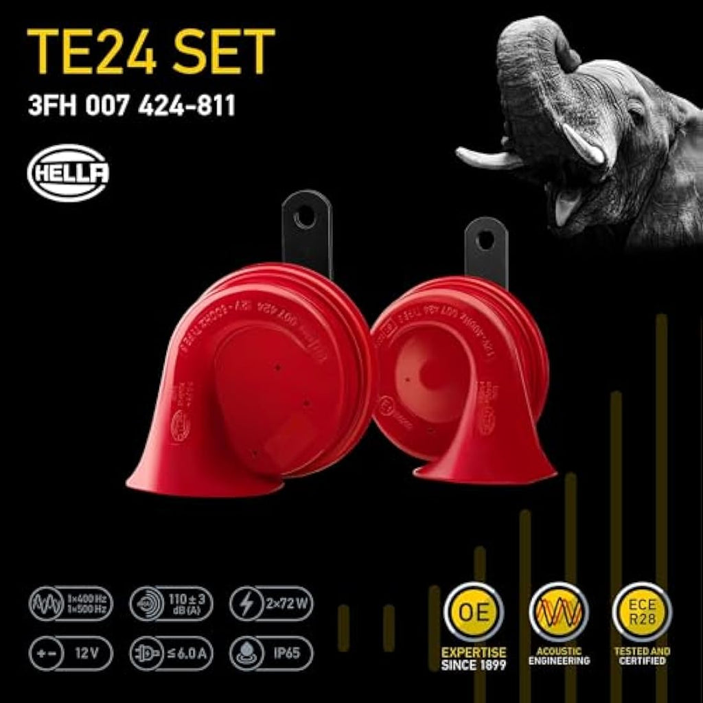 HELLA TE24 Trumpet Horn Set | 12V 110dB High/Low Tone Electric Horns