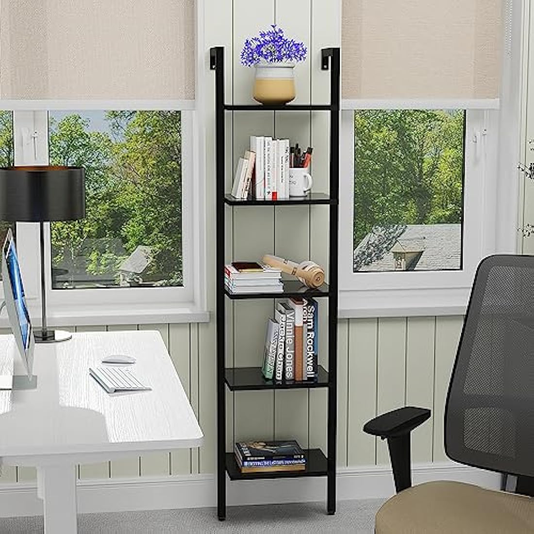 YMYNY 5-Tier Wall Mounted Ladder Shelf – Industrial Metal Bookcase Rack