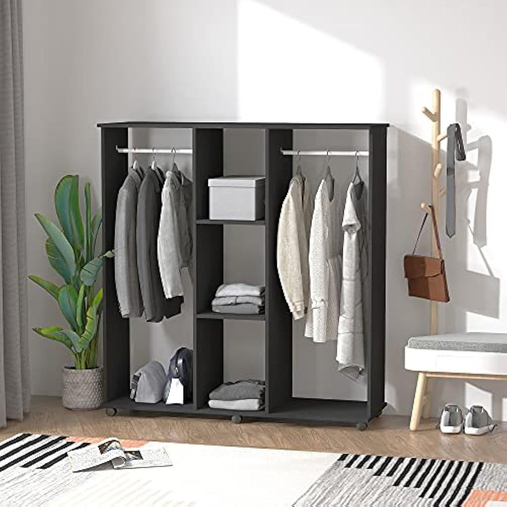 HOMCOM Double Open Wardrobe on Wheels | Mobile Garment Rack with Shelves
