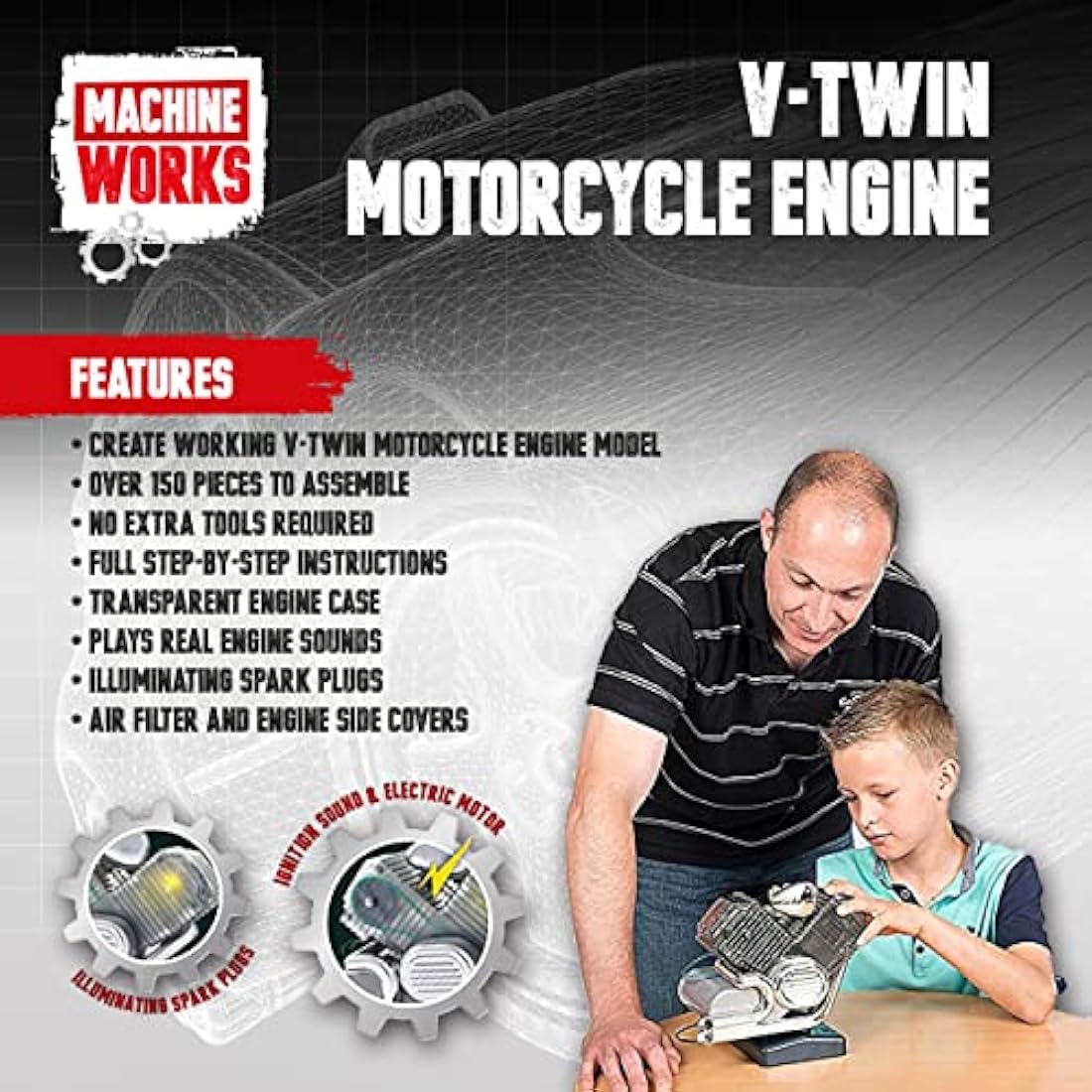 Machine Works V-Twin Motorcycle Engine Model Kit – 150+ Piece STEM Toy
