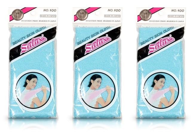 Salux Japanese Exfoliating Bath Towel – Blue Skin Wash Cloth, 3 Pack