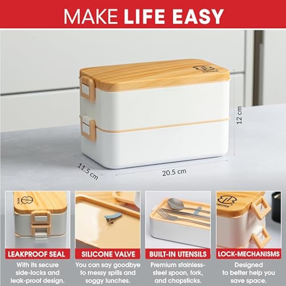 BMORE 1000ml Bento Lunch Box - 2 Layer Stainless Steel Leakproof Container