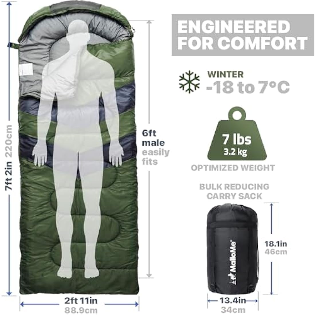 MalloMe 3-4 Season Sleeping Bag | Waterproof Ultralight Cold Weather Gear