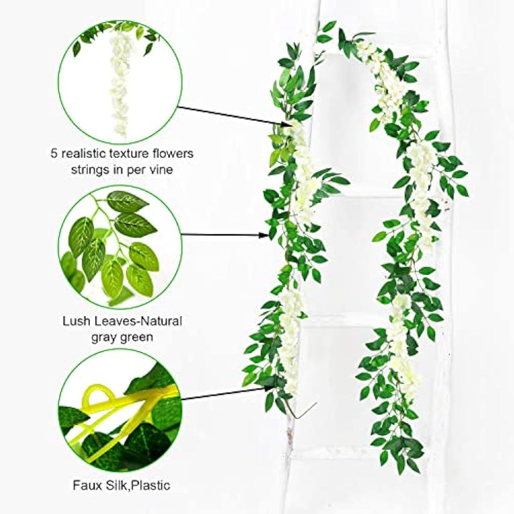 MOTONG 4Pcs White Artificial Wisteria Vines | 8ft Silk Flower Garlands