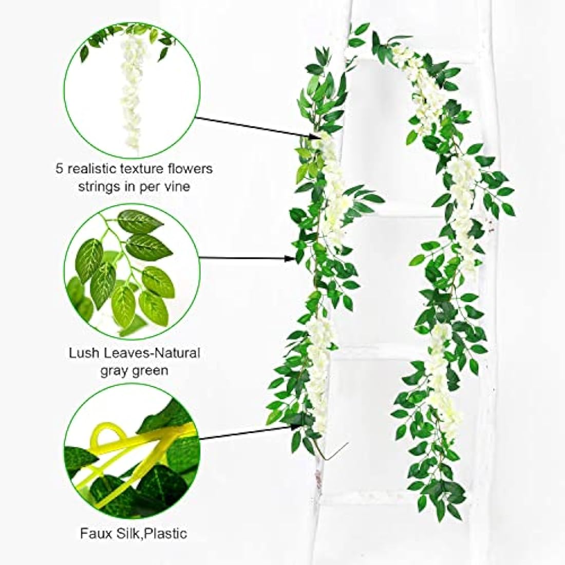 MOTONG 4Pcs White Artificial Wisteria Vines | 8ft Silk Flower Garlands