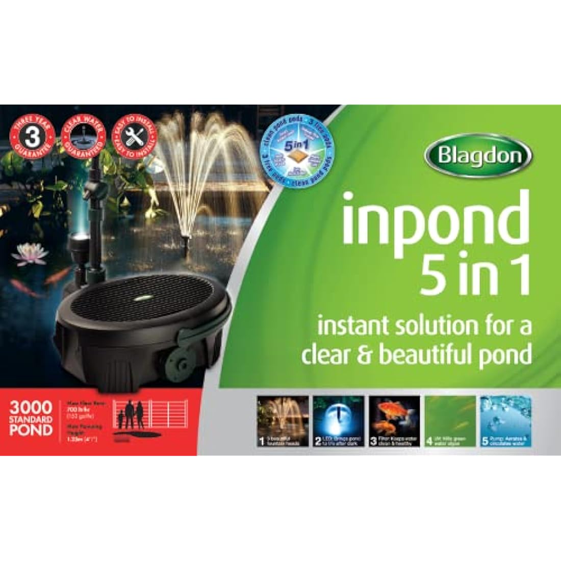 Blagdon Inpond 5-in-1 3000 Pond Pump & Filter with UV Clarifier | 10W