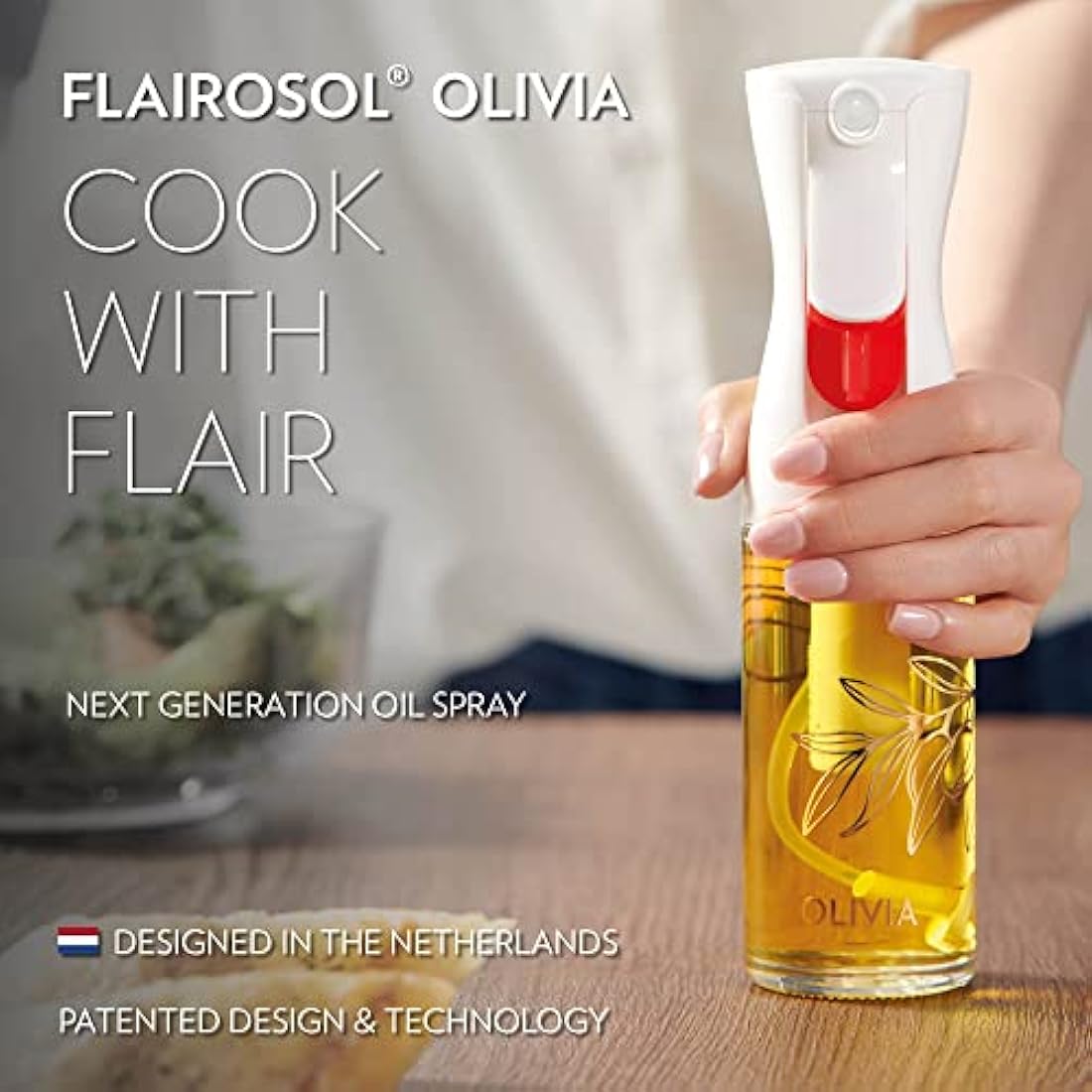 Flairosol Olivia Glass Oil Sprayer – Continuous Mist for Cooking, Golden Leaves