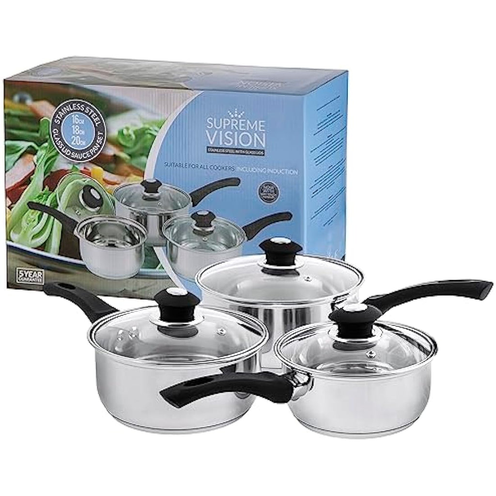 Supreme Vision 3pc Stainless Steel Saucepan Set with Glass Lids