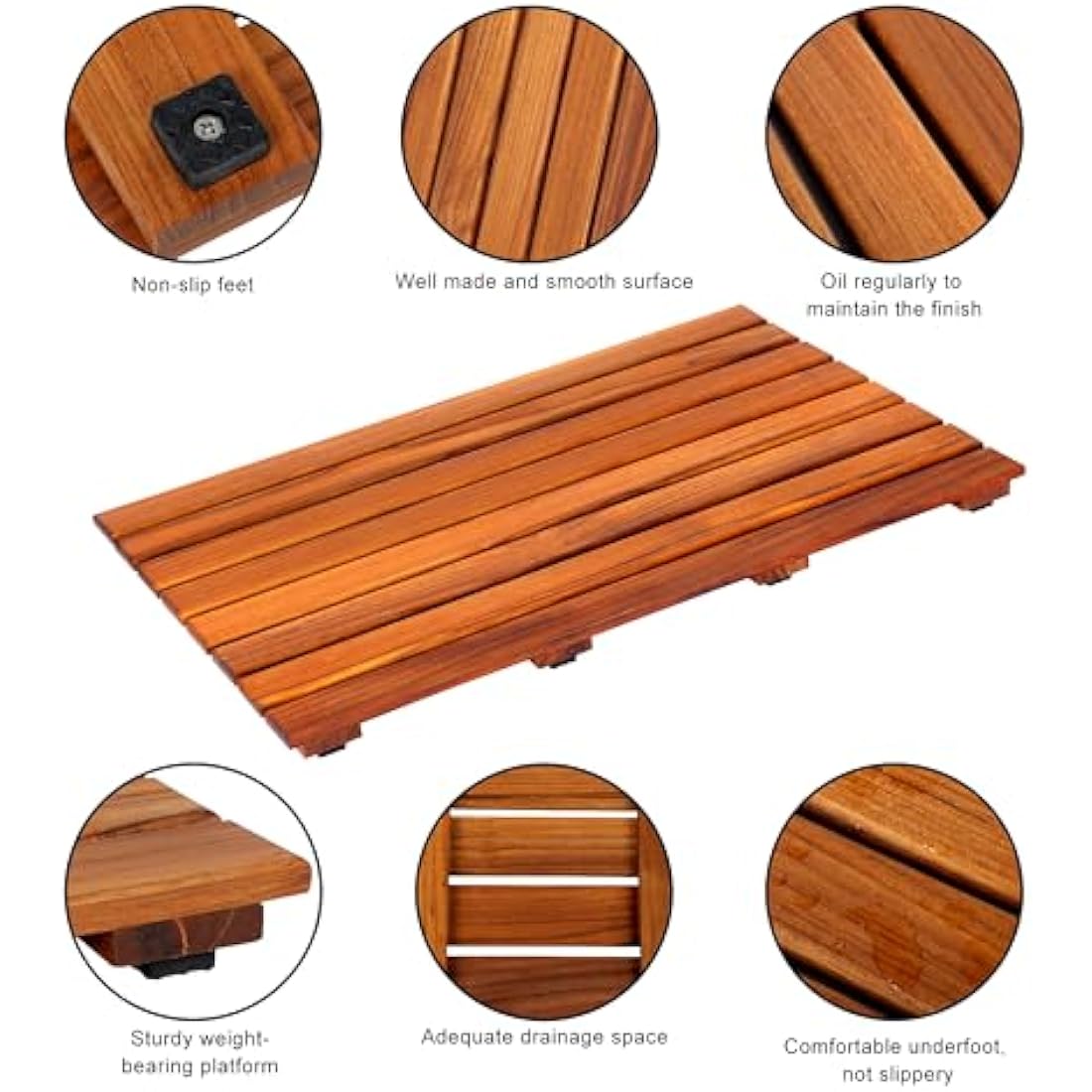 Teak Shower Mat – Non-Slip Wooden Spa Bath Mat, 66x43cm