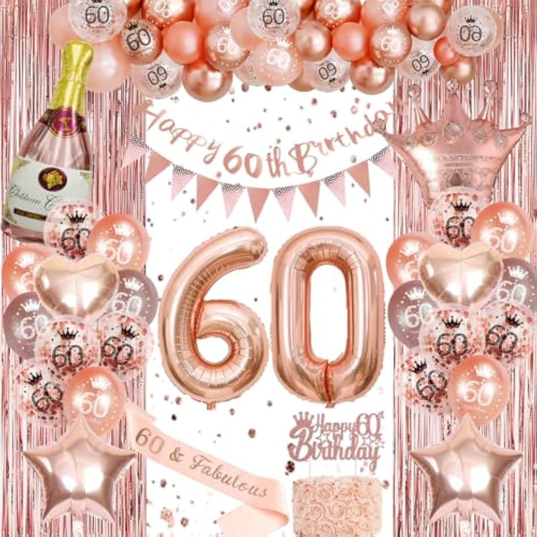 Jolof Store Rose Gold 60th Birthday Decorations Set for Women – 38 Pcs