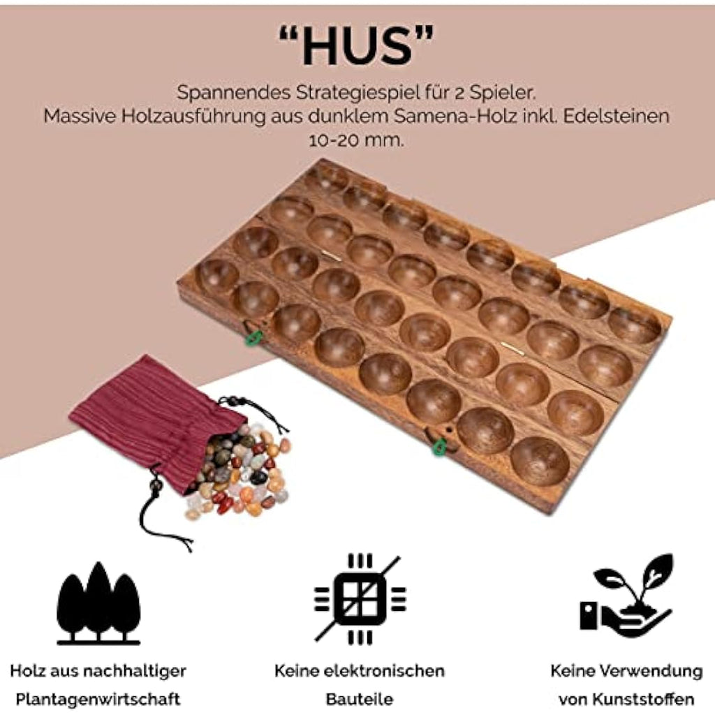 LOGOPLAY Kalaha Bohnenspiel aus Samena-Holz inkl. 75 Edelsteinen