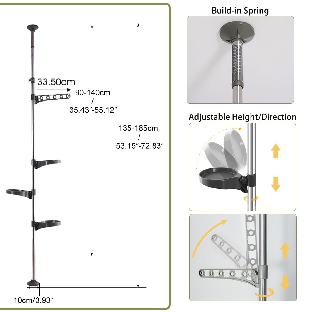 Hershii Tension Rod Plant Stand – Adjustable Corner Shelf with 3 Trays, Grey