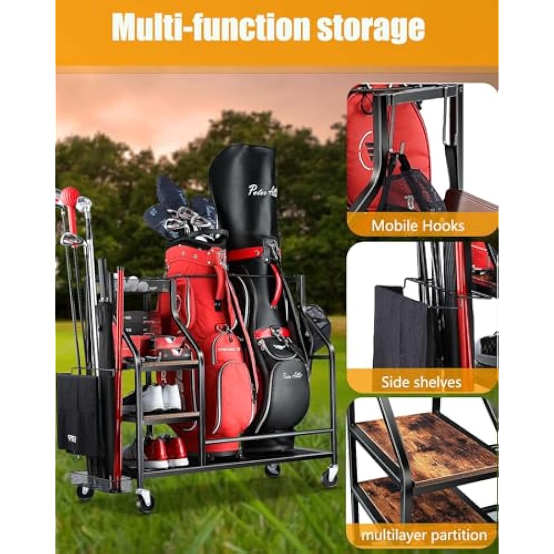Jolof Store Extra-Large Golf Bag Storage Organizer – Rolling Steel Rack