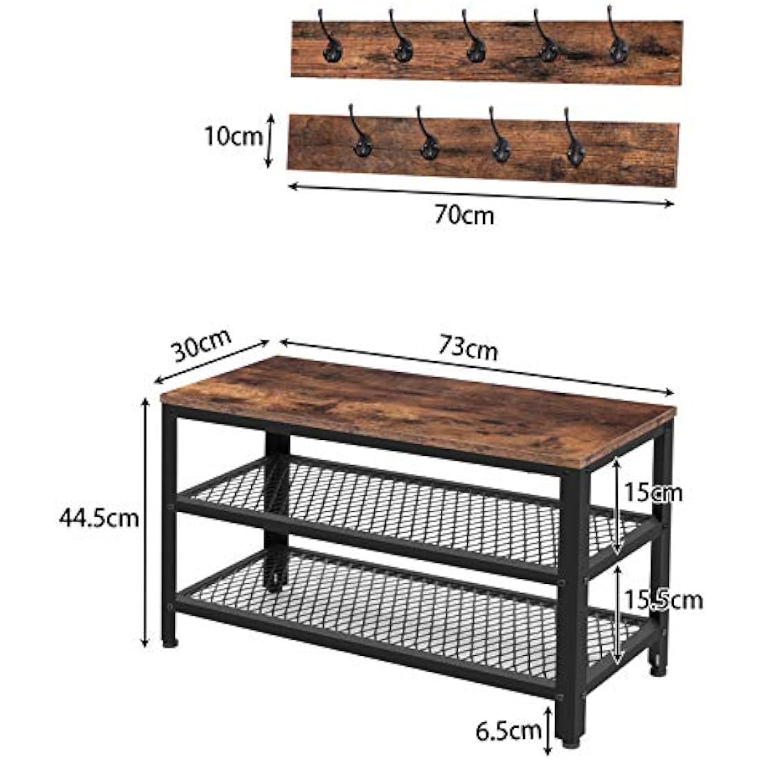HOOBRO Industrial Hall Tree with Shoe Bench - Rustic Brown Coat Rack